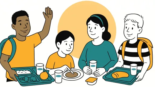 4 Kinder am Schulmittagstisch mit Tablets und Essen, sowie Getränke vor sich stehen