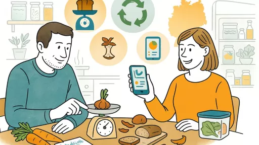 Zwei Personen am Kühchentisch,  Lebensmittelabfälle so wie Schalen und Reste auf Waage und Tisch, Frau hält Handy mit App geöffnet, im Hintergrund Symbole wie Apfelgriebsch, Recycling, Diagramme