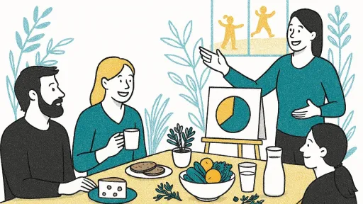 4 Personen stehen um einem Tisch, Esssen steht auf diesem, im Hintergrund sieht man ein Flipchart, aus dem Fenster sieht man Kinder am spielen