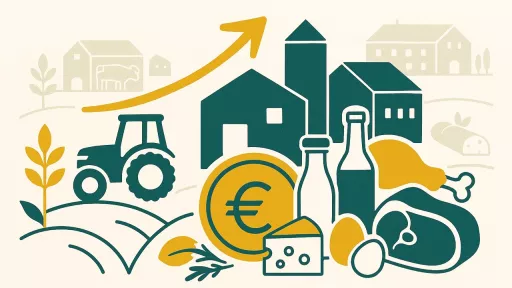 verschiedene Lebensmittel aus der Landwirtschaft, TRaktor und Gebäude im Hintergrund