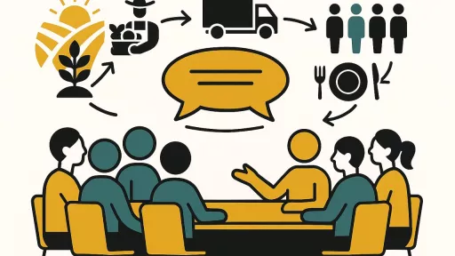 Gruppe von Menschen an Tisch, Symbole zur Wertsschätzungskette