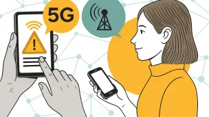 Links: Frau mit Telefon, Sprechblase, Funknetzturm; Links: Hand h&auml;lt Handy, auf Display Warnsignal , Sprechblase 5G