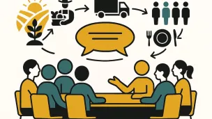 Gruppe von Menschen an Tisch, Symbole zur Wertssch&auml;tzungskette