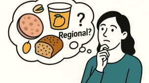Bild mit Person, die &uuml;berlegt, welche Zutaten regional sind.
