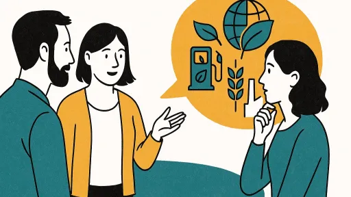 Bild mit 3 Personen im Dialog, Icons in Sprechblase