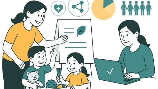 Zwei Kinder sitzen am Tisch und unterhslten sich &uuml;ber Essen, auf dem Tisch steht Gem&uuml;se, zwei Erwachsene pr&auml;sentieren etwas auf dem Flipchart, im Hintergrund verschiedene statistischeSymbole