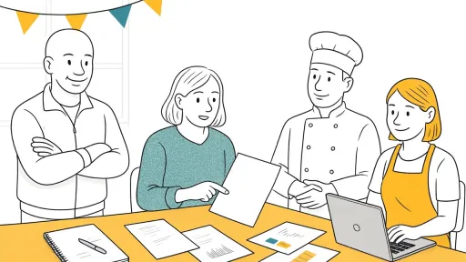 Vier Personen um Tisch, ein Koch, Leute miteinander im Austausch