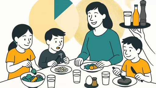 Kinder sitzen mit Erzieherin am Tisch, Sie tauschen sich &uuml;ber Essen aus und essen gemeinsam, man sieht Eier, Milch, Gem&uuml;se und Brot sowie Gew&uuml;rze